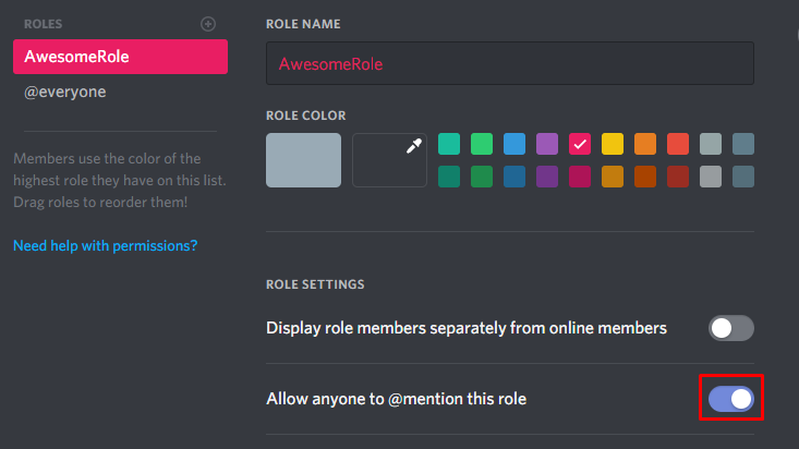 Allow mention option for a Discord role, used in obtaining the role ID