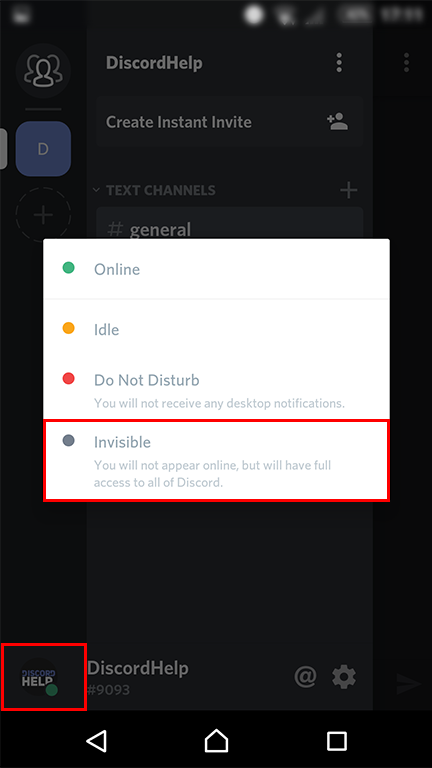 Highlighted are the locations on the screen to tap to appear offline on mobile Discord