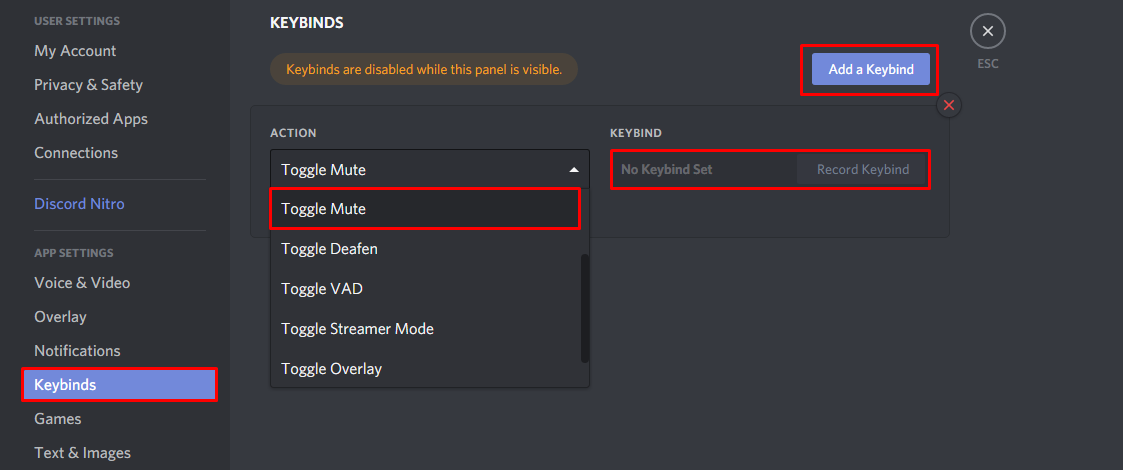 Where to navigate to in the Discord user settings to create a mute mic keybind