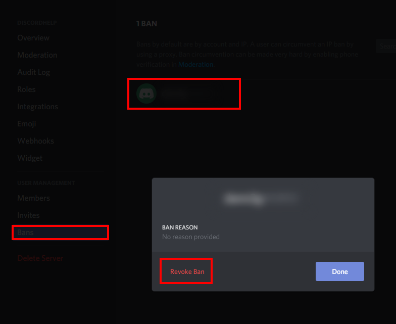 The revoke ban button is highlighted, which can be clicked to unban a user in Discord